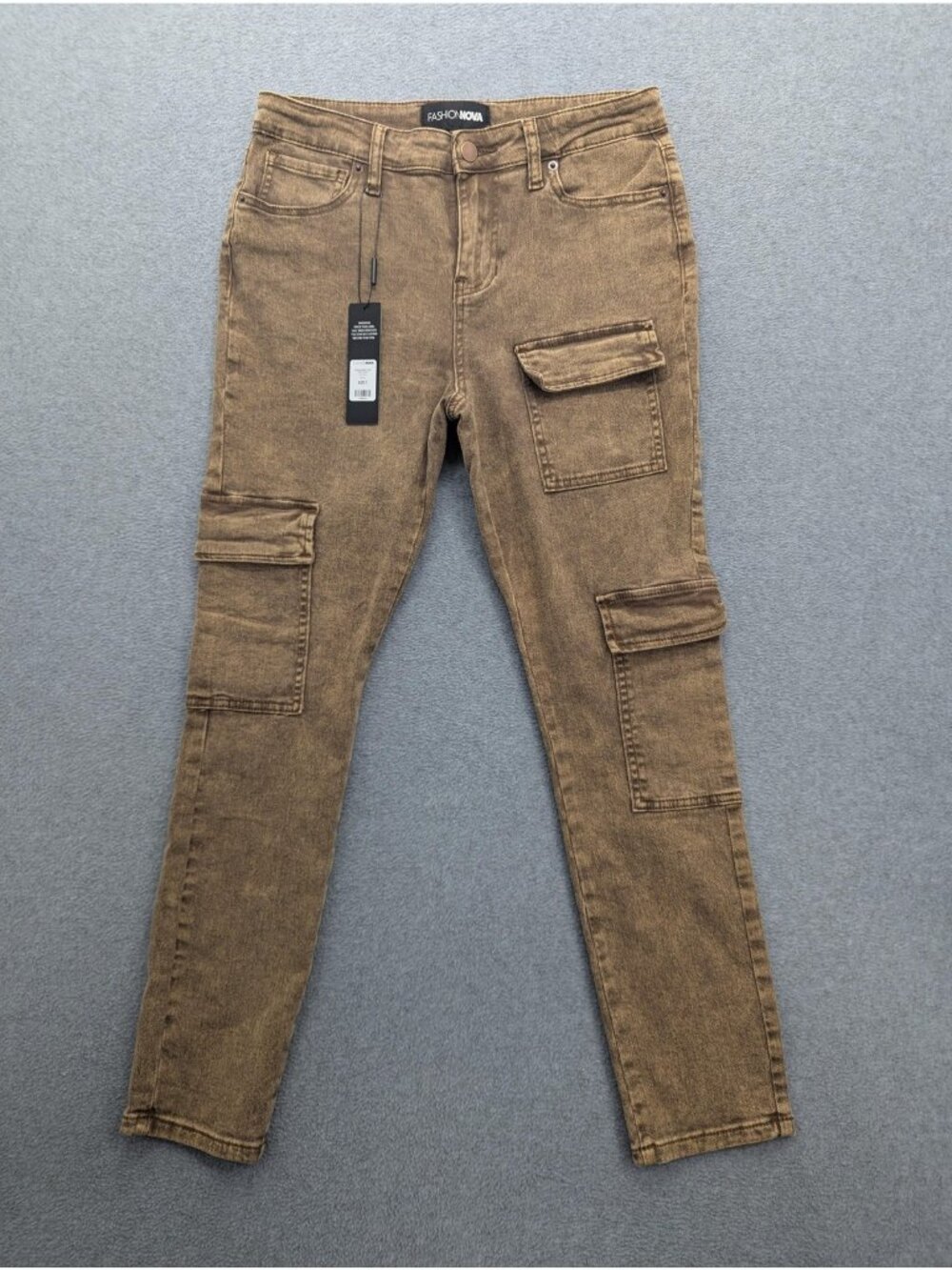 Fashion Nova Cargo Skinny Jeans Juniors 7 Brown Med Wash Mid Rise Stretch Denim - Picture 1 of 13